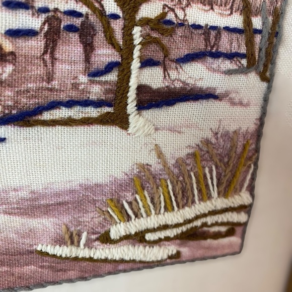 Vintage Crewel Needlepoint Folk Art Farmhouse Sleigh Ride Wall Art Picture - Picture 8 of 14